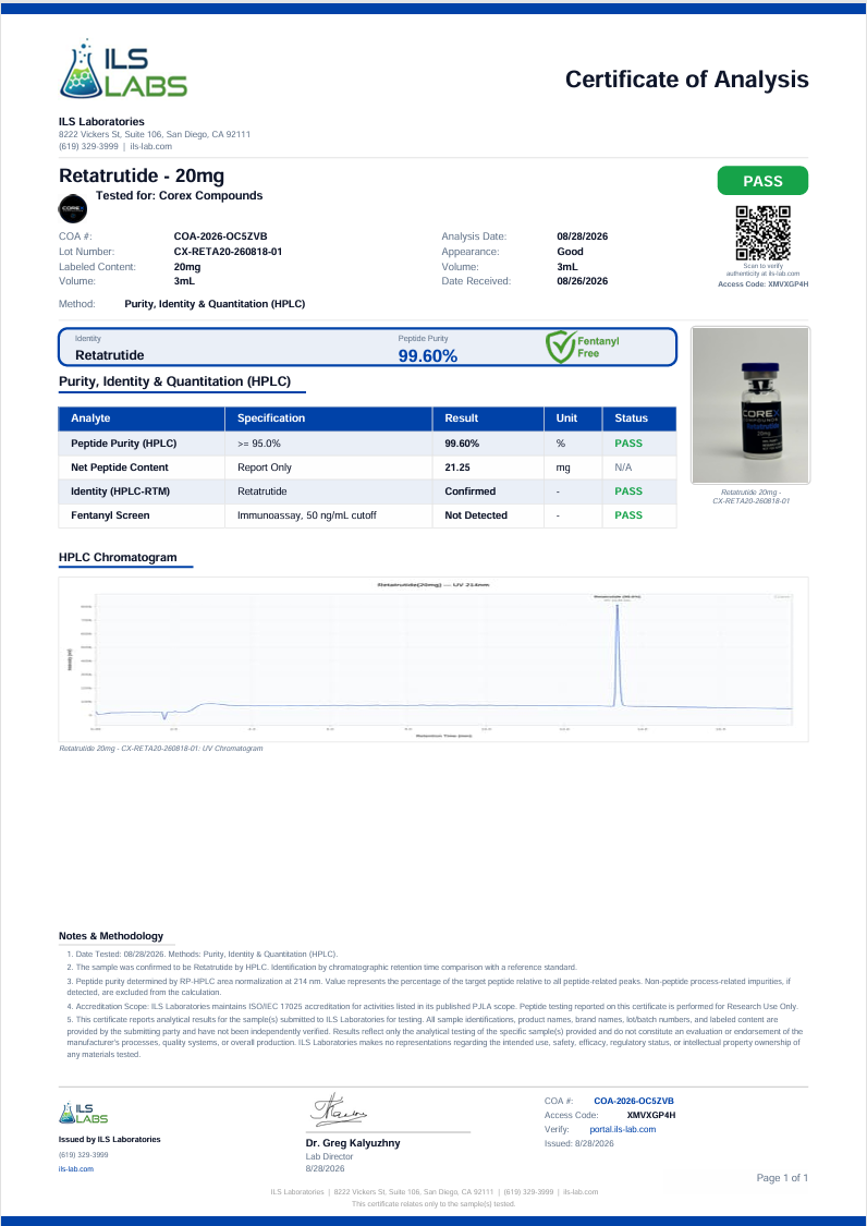 Supplied Certificate of Analysis for Retatrutide 20mg